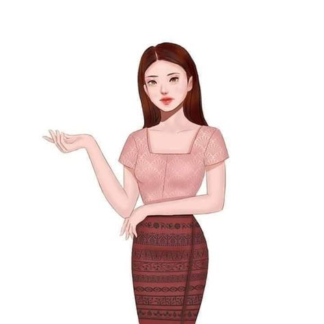 Myanmar Anime, Myanmar Cartoon, Dress Cartoon, Myanmar Traditional, Myanmar Traditional Dress, Girly Art Illustrations, Art Dress, Traditional Dress, Girly Art