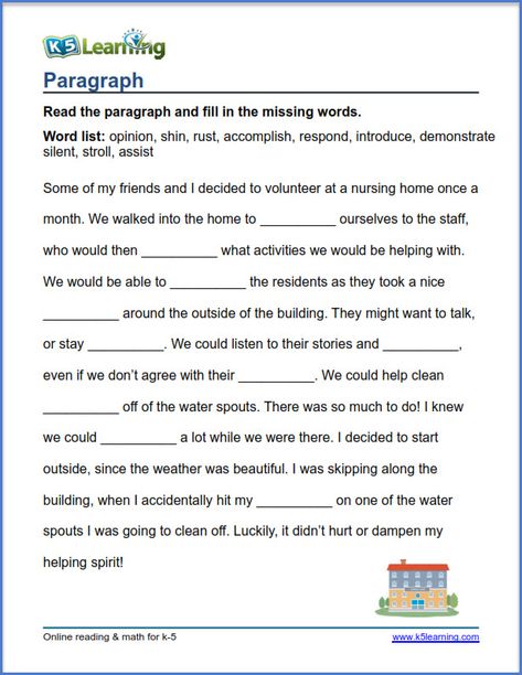 paragraph fill in the missing words 4th Grade Vocabulary Words, Teaching Paragraph Writing, Paragraph Writing Worksheets, Synonym Activities, Paragraph Worksheets, English Comprehension, Cloze Passages, Conjunctions Worksheet, Free English Worksheets