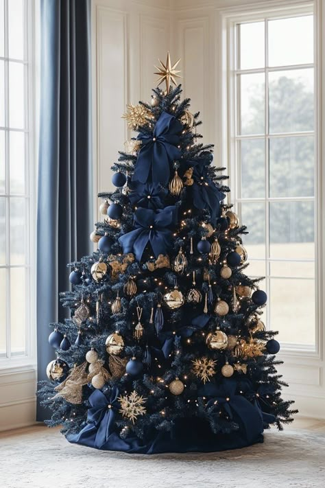 Christmas Tree Navy Blue And Gold, Purple Blue And Gold Christmas Tree, Navy Red Gold Christmas Tree, Christmas Tree With Blue Ribbon, Blue Christmas Decor Tree, Blue And Rose Gold Christmas Tree, Ravenclaw Christmas Tree, Royal Blue Christmas Tree Decoration, Blue Silver Christmas Decorations