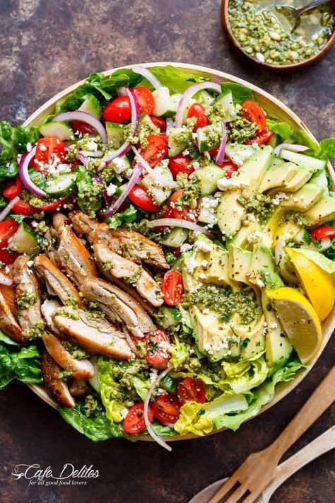 Pesto Grilled Chicken, Chicken Avocado Salad, Grilled Chicken Avocado, Pesto Salad, Pesto Dressing, Cafe Delites, Grilled Chicken Salad, Homemade Pesto, Avocado Chicken Salad