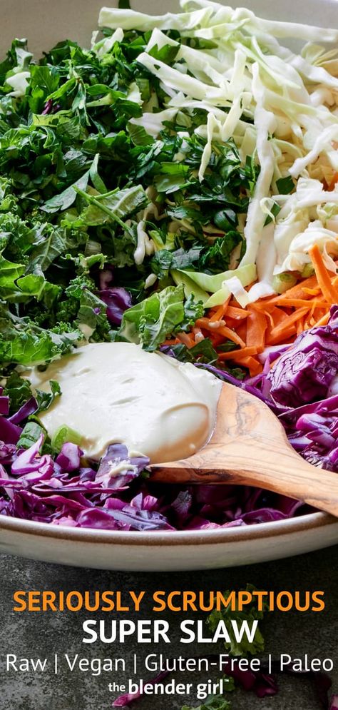 Cabbage and Kale Slaw - The Blender Girl Kale Recipes Sauteed, Gluten Free Side Dishes, Cabbage And Kale, Cabbage Coleslaw, Gluten Free Side, Kale Cabbage, Raw Cabbage, Kale Slaw, Chicken Kale