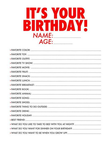 Free Printable: Birthday Questions for Kids • Little Gold Pixel • Download our free birthday questions form and watch as your child's answers change over the years. It would be really fun to compare age 3 with age 18. Birthday Interview Printable, Birthday Questions, Birthday Interview, Scrapbook Birthday, Questions For Kids, Birthday Presents For Girls, 13 Birthday, Child Free, Birthday Traditions