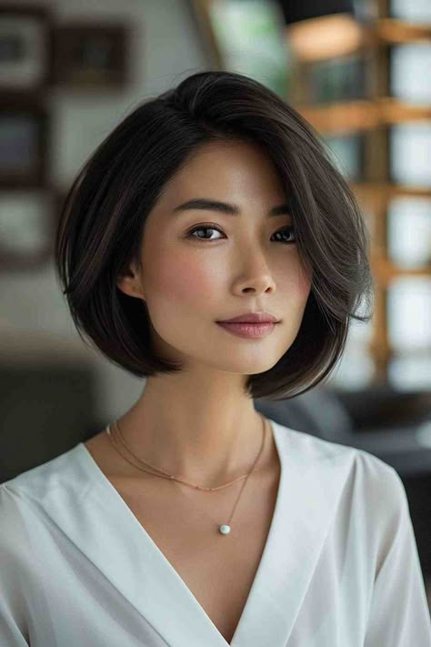 These Are The Best Haircuts of 2024 Bob Hairstyle Asian, Side Part Chin Length Bob, Bob Hairstyles For Asian Women, Sharp Bob Haircut, Side Swept Bob, Apple Cut Hairstyle, Asian Hair Bob, Polished Hairstyles, Bob With Side Bangs