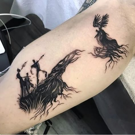 Severus Snape Tattoo, Slytherin Tattoo, Owl Feather Tattoos, Harry Potter Tattoo Sleeve, The Three Brothers, Mangas Tattoo, Left Arm Tattoos, Hp Tattoo, Me Tattoo