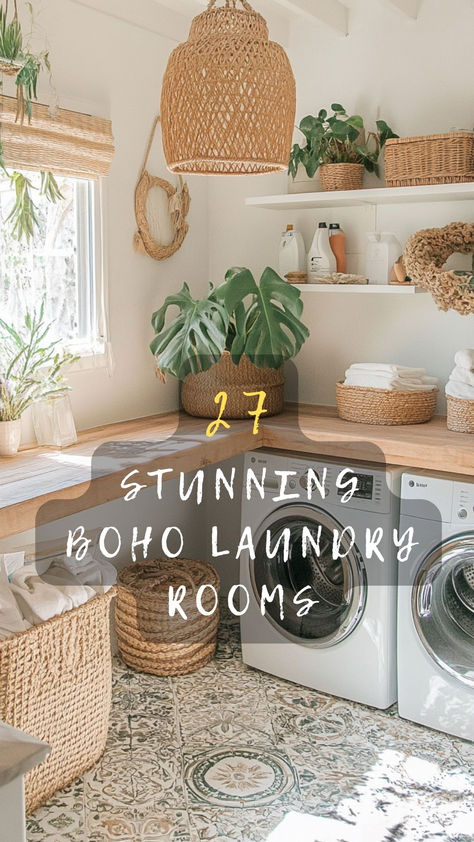 Ready to transform your laundry room? Click for ideas to create a Boho-inspired space that combines practicality with style! 🌼🧺 #BohoStyle #LaundryRoomIdeas #HomeTransformation #BohoDecor #PracticalElegance Laundry Room Boho Ideas, Boho Style Laundry Room, Earth Tone Laundry Room, Nature Inspired Laundry Room, Aesthetic Laundry, Rustic Laundry, Boho Chic Laundry Room, Boho Laundry Room Shelves, Entry Laundry Room Ideas