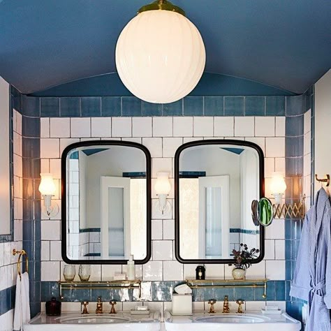 Colored Ceiling Bathroom, Bathroom Ceiling Ideas, Spanish Style Bathrooms Mexico, Blue Bathroom Paint, Blue Ceiling, Blue Bathroom Tile, Painted Bathroom, Bathroom Remodel Cost, Blue Ceilings