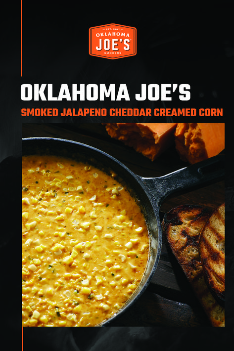 This Smoked Jalapeno Cheddar Creamed Corn is not your Grandma’s creamed corn, but it just might be a new family favorite. It’s a rich, comforting side dish that’s a great addition to your dinner menu. Up your side dish game with this sweet, smoky creamed corn, infused with diced jalapeno and tangy Cheddar cheese. | Oklahoma Joe's Smoked Jalapeno Cream Corn, Oklahoma Joes Smoker Recipes, Smoked Corn Recipes, Smoked Cream Corn Recipe, Smoked Cream Corn, Smoked Creamed Corn, Creamed Veggies, Smoker Sides, Smoked Side Dishes