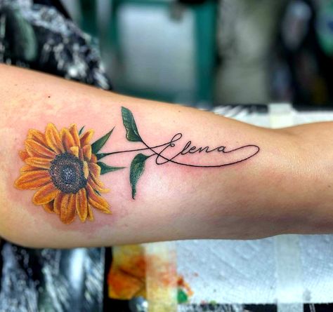 #SunflowerLovers #TattooLovers Sunflower Tattoo With Name, Sunflower Names, Remembrance Tattoos, Sunflower Tattoos, Sunflower Tattoo, Sister Tattoos, Name Tattoos, Infinity Tattoo, Tatting