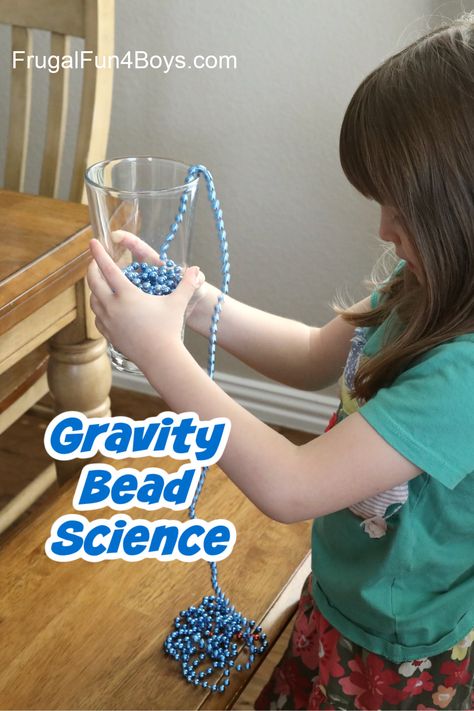 Cool Science! Anti-Gravity Beads - Frugal Fun For Boys and Girls Gravity Stem Activities Kindergarten, Preschool Gravity Experiments, Gravity For Kindergarten, Gravity Activities For Preschool, Mardi Gras Science Experiments, Gravity Experiments For Preschool, Motion Science Project, Gravity Preschool Activities, Gravity Projects For Kids