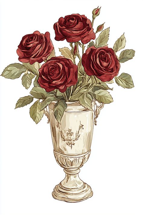 Rose Bunch Drawing, Rose In Vase Drawing, Rose Flower Aesthetic Drawing, Rose Drawing Tutorial, Collage Crafts, Roses Illustration, St Rose Of Lima, Rose Illustration, Red Rose Bouquet