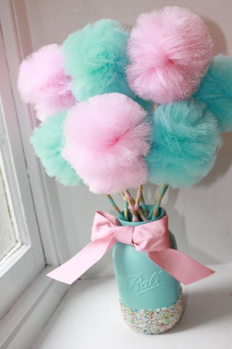 Cotton Candy Party Collection! Pretty Pink And Blue Make This Set CD9 Cotton Candy Party, Baby Reveal Party, Trendy Baby Shower Ideas, Mermaid Parties, Frozen Birthday Party, Pink Cotton Candy, 1st Birthdays, Frozen Party, Baby Shower Centerpieces