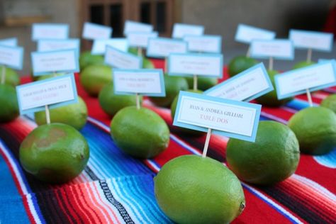 Limes used as seating cards (perfect for an outdoor event so they don't blow away!) Outdoor Party Seating, Party Seating Ideas, Wedding Rehearsal Dinner Decorations, Rehearsal Dinner Decorations, Diy Events, Party Seating, Wedding Reception Seating, Seating Ideas, Fiesta Theme