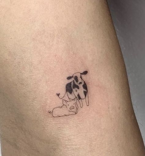 Wholeness Tattoo, Cow And Pig Tattoo, Small Tattoos Animals, Simple Cow Tattoo, Mini Cow Tattoo, Tiny Cow Tattoo, Vegan Tattoo Ideas, Tattoo Paw Print, Vegetarian Tattoo