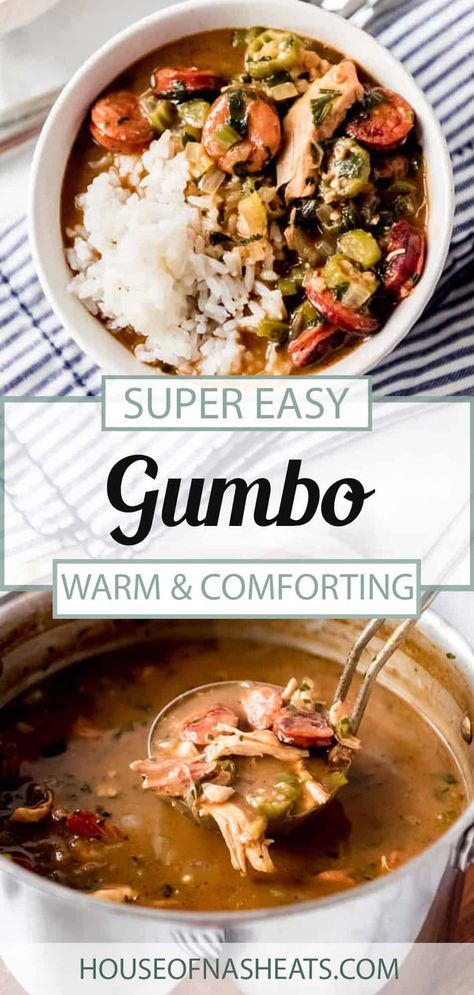 Hearty and absolutely bursting with Cajun flavor, this Easy Gumbo Recipe is a family favorite comfort food! It starts with an authentic dark roux and is loaded with andouille sausage, chicken, and shrimp, as well as plenty of vegetables. Take your tastebuds on a trip to the Bayou with this easy Louisiana recipe! #gumbo #best #homemade #easy #fromscratch #darkroux #roux #cajun #louisiana #chicken #sausage #shrimp Easy Gumbo Recipe Louisiana, Easy Gumbo Recipe Authentic, Louisiana Gumbo Recipe Authentic Chicken And Sausage, Homemade Gumbo Recipe, Louisiana Gumbo Recipe Authentic, Easy Louisiana Recipes, Cajun Recipes Louisiana Authentic, Gumbo Recipe Authentic, Easy Gumbo Recipe