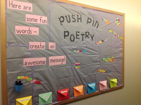 "Push Pin Poetry" - I wrote down a bunch of different words from all the parts of speech and put them in the envelopes at the bottom of the board with a little bucket of push pins. Students could create messages, poems, etc. with the words and pin them up! March Bulletin Board Parts Of Speech Bulletin Boards, Poetry Bulletin Board Ideas, Language Arts Bulletin Boards, Poetry Bulletin Board, Poetry Event, Poetry Crafts, Ra Programs, Rez Life, Middle School Bulletin Boards