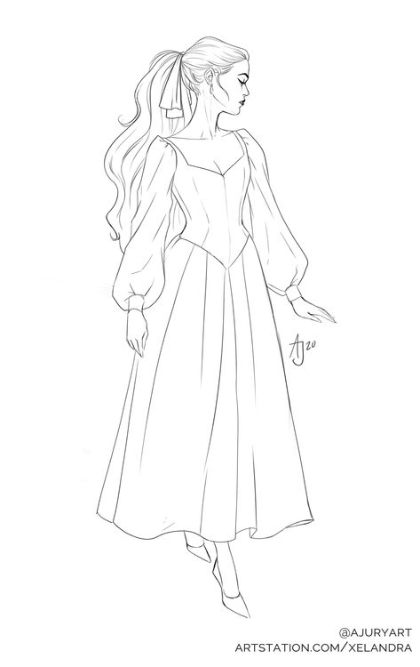 ArtStation - Sketch Dump - 01, Alexandra Jury Puffy Dress Drawing, Fashion Dresses Drawing Sketches, Dress Sketches Design, Dress Drawing Sketches, Drawing White On Black, Fashion Sketch Book, Border Sketch, Dress Coloring Pages, Women Coloring Pages