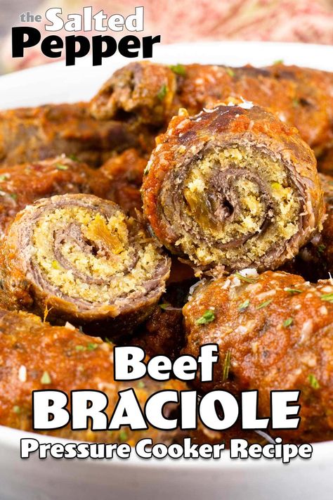 Delicious Italian Braciole (Involtini) in under an hour!  With just a few ingredients, you can serve up this wonderful Italian dish that is perfect for a family dinner or when you want to impress your guests! It's easy to make and fancy to serve. Braciole Recipe Italian, Beef Braciole, Braciole Recipe, Multi Cooker Recipes, Roast Beef Recipes, Foodie Recipes, Peppers Recipes, Instapot Recipes, Instant Pot Pressure Cooker