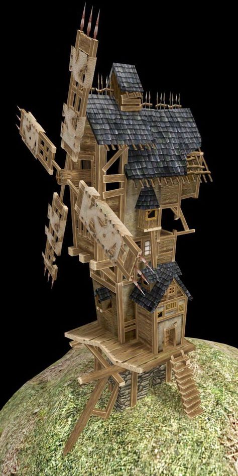 Medieval Windmill, Bark Carving, Medieval Buildings, Wind Mill, Medieval Architecture, Minecraft Inspiration, Fantasy Design, Isometric Illustration, Minecraft Buildings