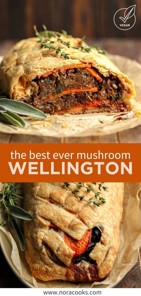 Vegan Mushroom Wellington, Sliced Sweet Potatoes, Vegetarian Wellington, Crowd Pleasers Recipes, Mushroom Wellington, Vegan Christmas Dinner, Potato Filling, Mushroom Christmas, Vegan Holiday Recipes