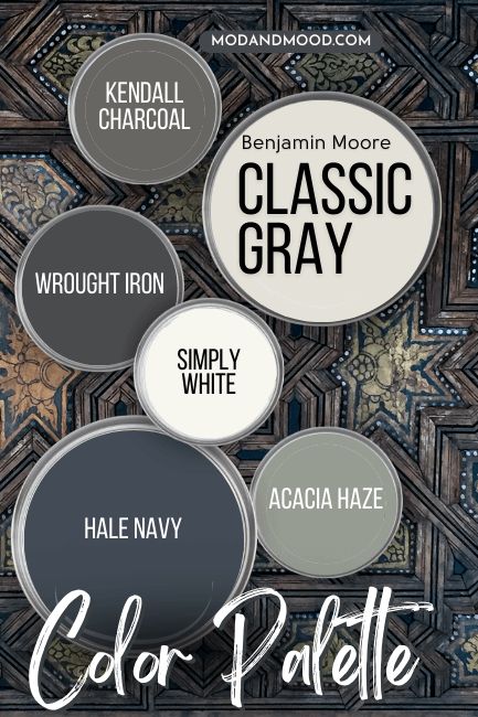 Classic Gray color palette features Classic Gray, Kendall Charcoal, Hale Navy, Wrought Iron, Acacia Haze, and Simply White, all on paint lids over a background of an elaborate multi-toned parquet floor. Benjamin Moore Classic Gray Color Palette, Classic Grey Color Palette, Classic Gray Benjamin Moore Color Scheme, Classic Grey Coordinating Colors, Gauntlet Gray Color Palette, Gray Color Palette For House, Classic Gray Exterior Benjamin Moore, Benjamin Moore Color Pallets, Gentlemens Grey Paint Benjamin Moore