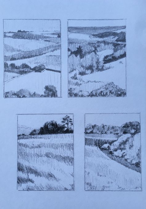 Four thumbnail sketches of East Dean and Friston with a focus on line, shape and tone. Value Study, Thumbnail Sketches, Pencil Sketches, Art Lesson Plans, Art Practice, Drawing And Painting, Art Lesson, Class Ideas, A Pencil