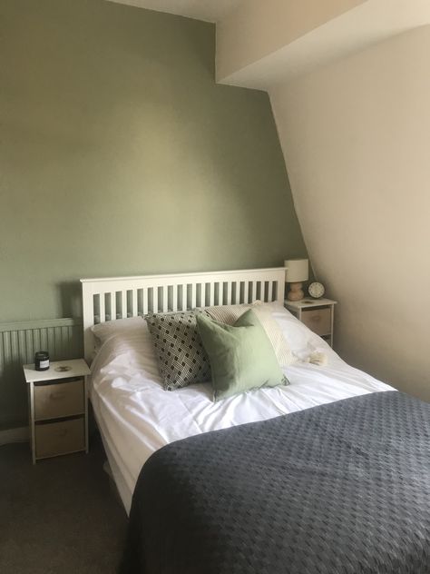 Sage green feature wall (using B&Q Limerick paint) B&q Limerick Paint, Good Home Limerick Paint, Limerick Paint, Sage Green Feature Wall Bedroom, Green Feature Wall Bedroom, White And Sage Green Bedroom, Blue Feature Wall Living Room, Light Green Rooms, Green Room Ideas Bedroom