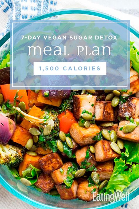 This healthy 1,500-calorie meal plan makes it easy to "detox" from less-than-healthy foods and get the nutrients your body craves. Each day is loaded with fresh fruits and veggies, lean plant-based protein and high-fiber whole grains, and the plan cuts out all forms of added sugar. #mealplan #mealprep #healthymealplans #mealplanning #howtomealplan #mealplanningguide #recipe #eatingwell #healthy 1500 Calorie Meal Plan, 500 Calorie Meals, Detox Meal Plan, 200 Calorie Meals, Vegan Detox, Plant Based Meal, Cucumber Diet, Vegetarian Meal Plan, Detox Diets