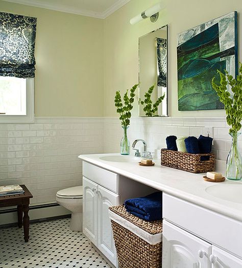 Decorating with Color: Expert Tips Navy And Yellow Bathroom, Pastel Bathroom Ideas, Yellow Bathroom Ideas, Blue Accent Colors, Blue Green Bathroom, Florida Bathroom, Pastel Bathroom, Beautiful Tile Bathroom, White Double Vanity