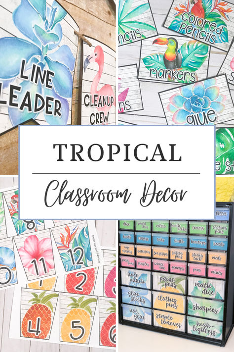 Looking for a tropical classroom decor theme? This classroom decor bundle will go perfectly in a tropical, rainforest, or shiplap themed room! I think it would also look great with neutral classroom decor! There are a ton of printable and editable decor pieces to help make your classroom more bright and beautiful.  #tropicaldecor #tropicalclassroom #tropicalclass #tropicalclassdecor #classdecor #classroomdecor #teaching #classdecorbundle #tropical #classtropical Classroom Themes For Middle School, Book Box Labels, Tropical Classroom Decor, Kindergarten Classroom Design, Class Birthday Display, School Year Themes, Plastic Storage Tubs, Tropical Classroom, Jungle Themed Room