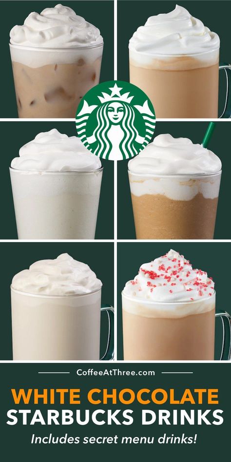 Your complete guide to all the delicious white chocolate mocha drinks at Starbucks, including secret menu items! #starbucks #starbuckssecretmenu #whitechocolate #whitemocha #coffeedrinks Starbucks Raspberry White Mocha, Starbucks Recipes White Chocolate Mocha, Starbucks Drinks White Chocolate Mocha, Starbucks Drinks With White Mocha, Starbucks Peppermint White Mocha, Starbucks White Chocolate Mocha Recipe Hot, Hot White Chocolate Mocha Recipe, Starbucks White Mocha Iced Coffee, White Chocolate Mocha Starbucks Order