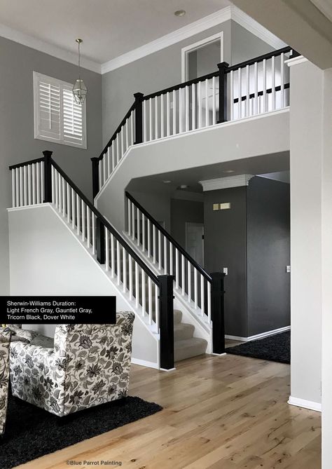 White And Black Banister, Black And White Stair Rails, Gray Staircase Ideas, Black White Banister, White Walls Black Stair Railing, Black And White Staircase Railing, Black White And Gray Hallway, Gray Wall Black Trim, White And Black Bannister