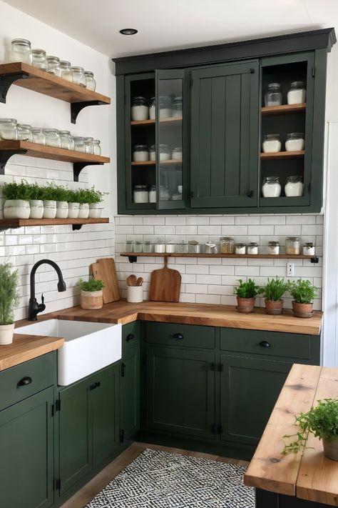 15 Timeless Green Farmhouse Kitchen Ideas That Will Transform Your Space - Cabin Nook Green Farmhouse Kitchen, Green Farmhouse, Green Kitchen Designs, Dark Green Kitchen, Sage Green Kitchen, Green Kitchen Cabinets, Cabin Kitchens, Green Cabinets, Kitchen Redo