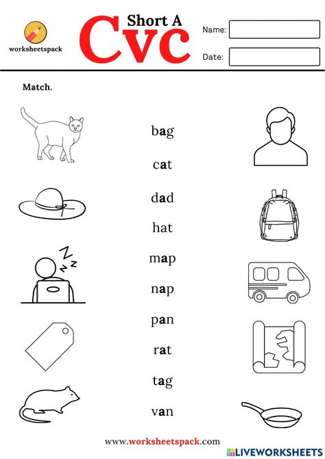 Cvc Matching Worksheet, Writing Cvc Words Worksheets, Short I Worksheets, Short A Worksheets, Learning Numbers Preschool, Cvc Word Practice, Writing Cvc Words, Phonics Cvc, Cvc Words Worksheets