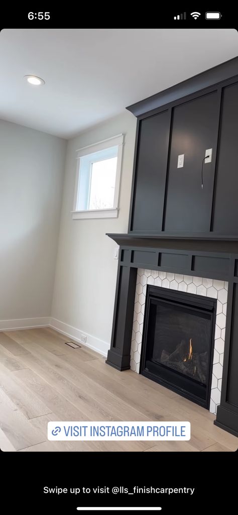 Black Painted Fireplace Wall, Modern Farmhouse Tile Fireplace, Woodwork Above Fireplace, Custom Fireplace Black, Iron Ore Fireplace Mantle, Transitional Fireplace Surround, Black Tile Around Fireplace, Black Electric Fireplace Wall, Fyi Fireplace