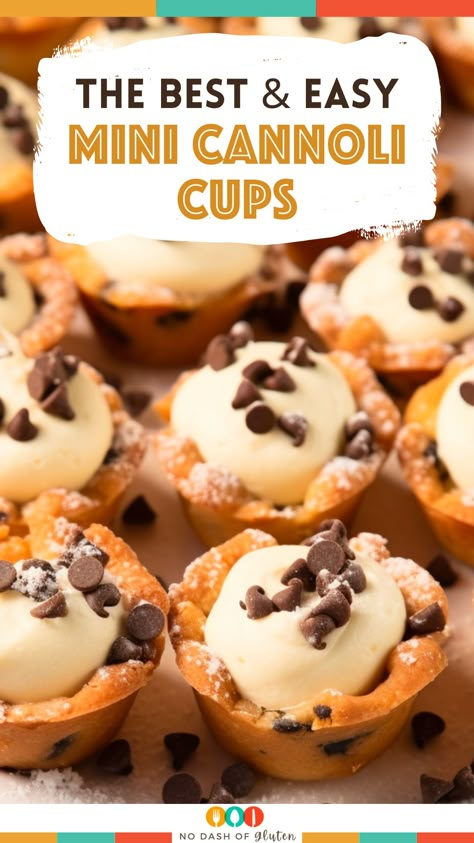 Discover the joy of making Mini Cannoli Cups, an elegant yet easy Italian dessert! Perfect for any occasion, these bite-sized treats feature a creamy ricotta filling, enhanced with a hint of citrus, nestled in a crispy, cinnamon-sugar pastry cup. Ideal for impressing guests or treating your family, they're simple to make and irresistibly delicious. Follow the recipe for a sweet journey into Italian baking. Don’t forget to save and share this delightful recipe for your next gathering! Cook Off Dessert Recipes, Mini Cannoli Tarts, Cannoli Cheesecake Bites, Hand Held Desserts Easy, Simple Baked Desserts, Bite Size Cookie Recipes, Mini Canolli Cups, Canoli Mini Cups, Mini Cannoli Bites