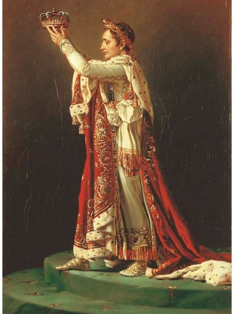 Studio of Jacques-Louis David (1748-1825)   Portrait of the Emperor Napoleon I, standing full-length in Imperial Regalia holding a crown Jacque Louis David, Napoleon Painting, Emperor Napoleon, Napoleon Josephine, First French Empire, Coronation Robes, Jacques Louis David, French Empire, Oil Portrait