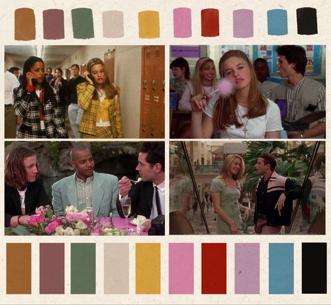 Bright 90s colir palette for the cult classic emma adapation Clueless #clueless #cinematography #90s #90sfashion #90sstyle #color #colour #colorpallete Clueless Color Palette, 90s Color Pallete, 90s Color Scheme, 90s Colors Palette, Clueless Cinematography, Friends Color Palette, Movie Color Palettes, 1990s Color Palette, Early 2000s Color Palette