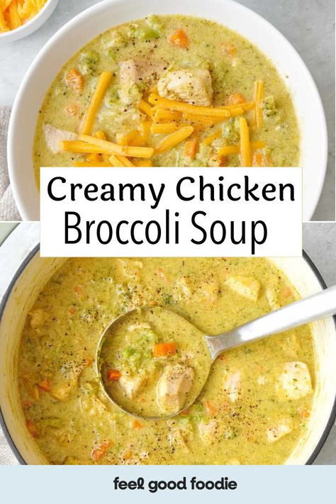 This Chicken Broccoli Soup takes a classic broccoli and cheese soup and adds some extra protein! Loaded with veggies and chicken in a creamy and cheesy base, this broccoli cheese soup with chicken is so good. It’s so easy to make, too, using just one pot for easy clean-up. Cheesy Chicken And Broccoli Soup, Keto Chicken Broccoli Cheese Soup, Chicken Broccoli Instant Pot Recipes, Chicken Broccoli Cheese Soup Crockpot, Healthy Chicken Broccoli Soup, Crockpot Chicken And Broccoli Soup, Broccoli Chicken Cheese Soup, Chicken Broccoli Potato Soup, Chicken Broccoli Soup Recipes