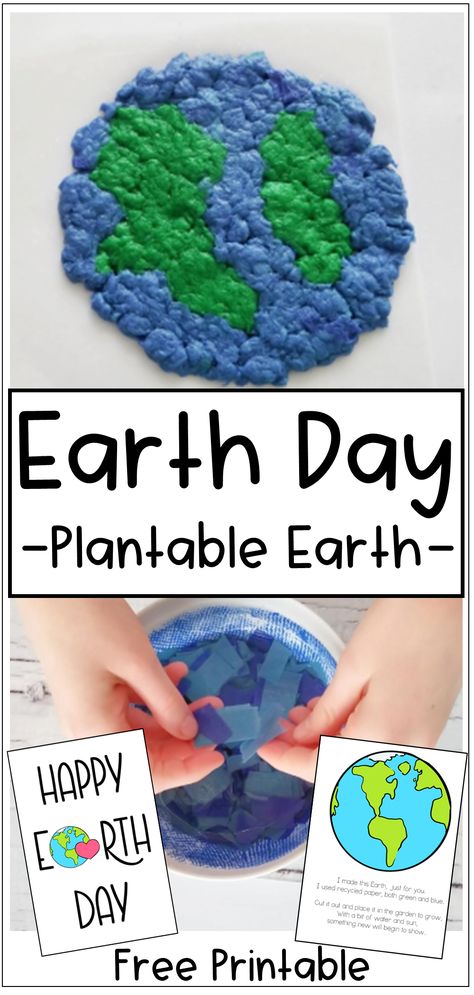 The pin shows a handmade earth made from paper pulp and it says Earth Day Plantable Earth and then a picture of a child ripping blue paper and two printable Earth Day pages from a card. Water Experiments For Kids, Earth Day Activity, Water Experiments, Experiment For Kids, Poetry For Kids, Homeschool Crafts, Paper Pulp, Outdoor Education, Earth Day Activities