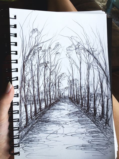 A sketch made with pen, a beautiful walking path♥️ Path Drawing Inktober, Outdoor Drawings Sketch, Creepy Path Drawing, Scary Path Drawing, Path Sketch Drawings, Detailed Ink Drawings, Spooky Path Drawing, Path Ink Drawing, Pathway Drawing Simple