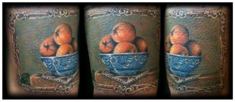 still-life-bowl-of-oranges-tattoo-by-gary-parisi | Flickr - Photo ... Bowl Of Oranges Tattoo, Oranges Tattoo, Bowl Of Oranges, Convention Tattoo, Portrait Tattoos, Chickadees, Windy City, I Tattoo, Portrait Tattoo