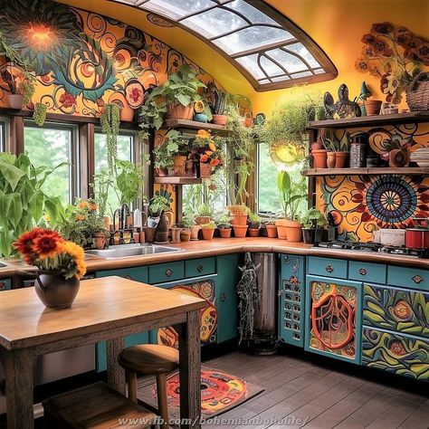 Kitchen Design Bohemian, Eclectic Kitchen Bohemian, Styles Of Kitchen Cabinets, Colorful Boho Kitchen, Chic Kitchen Design, Hippie Kitchen, Boho Chic Kitchen, Earthy Kitchen, Whimsical House