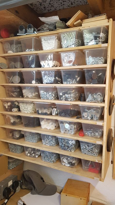 Upholstery Shop Organization, Fastener Storage, Nuts Storage, Upholstery Workshop, Craft Displays, Hardware Organizer, Small Parts Storage, Garage Storage Inspiration, House Renos