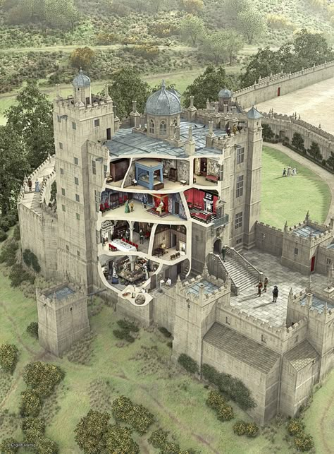 Bolsover Castle cross section  [Bolsover Castle is a castle in Bolsover, Derbyshire, England. It was founded in the 12th century by the Peverel family, who also owned Peveril Castle in Derbyshire, and came under royal control in 1155.] Chateau Medieval, English Castles, Castle Mansion, Travel Destinations Bucket Lists, Voyage Europe, Beautiful Castles, Amazing Travel Destinations, A Castle, Medieval Castle