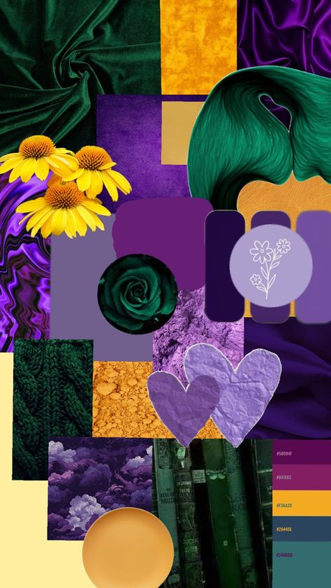 Colors I've been loooooving together lately. #colors #colorscheme #colorpalette #purple #yellowochre #yellow #viridian #green Gold Purple Green Color Palette, Purple Green And Yellow Color Palette, Yellow And Purple Color Palette, Yellow Purple Color Palette, Colors Branding, Hone Decor, Monochromatic Aesthetic, Green Room Decor, Green Branding