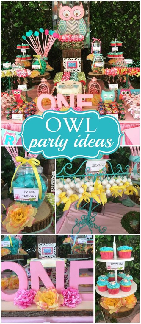 What a sweet owl themed birthday party! See more party ideas at CatchMyParty.com! Look Whoos Turning Two, Look Whoos Turning One, Owl Birthday Decorations, Owl Party Decorations, Owl Themed Birthday Party, Owl First Birthday, Owl Themed Parties, Owl Birthday Party, Birthday Owl