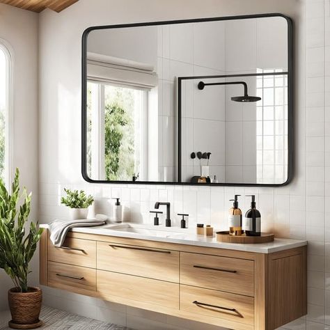 Bathroom Mirrors for Over Sink Wall, Matte Large Mirror, Decorative for Restroom, Farmhouse, Horizontally or Vertically Hanging - Bed Bath & Beyond - 39491294 Mirror Above Double Sink, Double Sink Mirror Ideas, Bathroom Mirrors Ideas, Rectangle Bathroom Mirror, Bungalow Bathroom, Bathroom Mirror Ideas, Japanese Bathroom, Corner Floor Lamp, Living Room Fireplace