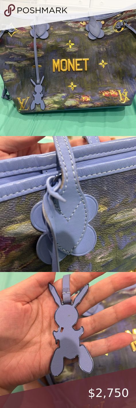 Louis Vuitton Jeff Koons Masters Monet Waterlilies Neverfull MM Tote Bag Bunny Keychain, Jeff Koons, Neverfull Mm, Water Lilies, Vuitton Handbags, Bag Straps, Louis Vuitton, Pen, Tote Bag