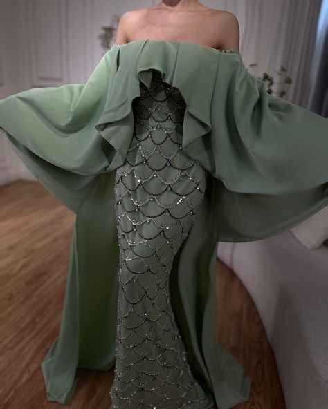 Gown With Cape, Green Evening Dress, Dress Gown, Wedding Party Dresses, Sage Green, Evening Dress, Gowns Dresses, Beautiful Dresses, Dubai