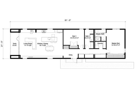 Plan #497-25 - Houseplans.com Rectangle House Plans, Shotgun House Plans, Narrow House Plans, Shotgun House, Affordable House Plans, 2 Bedroom House Plans, Long House, Small Modern Home, Small House Floor Plans